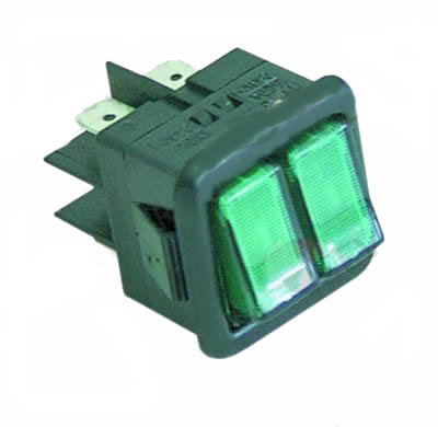 Wippenschalter 26,5x25,6mm grün 2x1-polig 2x1NO
250V 16A beleuchtet Anschluss F6,3