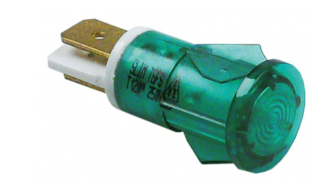 Kontrollampe grün 230V 
Kopf ø 15 mm - Loch ø 13 mm - 120°C
Faston Stecker M 6,3x0,8 mm
universelle Anwendung