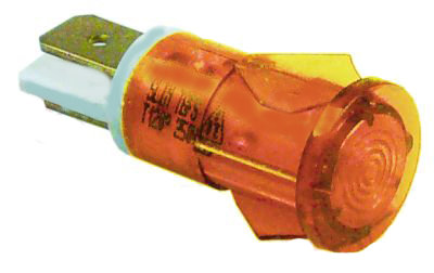 Kontrollampe orange 230V 
Kopf ø 15 mm - Loch ø 13 mm - 120°C
Faston Stecker M 6,3x0,8 mm
universelle Anwendung