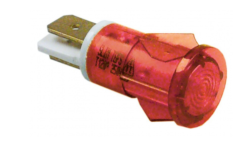 Kontrollampe rot 230V 
Kopf ø 15 mm - Loch ø 13 mm - 120°C
Faston Stecker M 6,3x0,8 mm
universelle Anwendung
